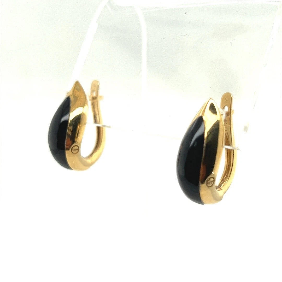 Retro Gold Black Onyx Ladies Huggie Earrings Circa 1960