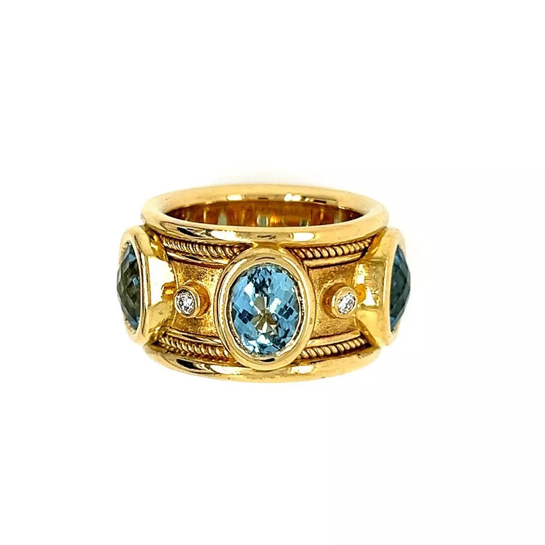 Retro Gold Signed Christoff Natural Swiss Blue Topaz Diamond Cocktail Band Ring