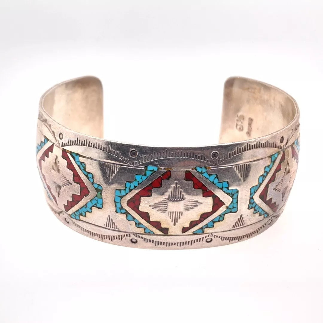 Vintage Native HB Henry Baca Sterling Silver 925 Cuff 6” Inner 42g Turquoise Gem