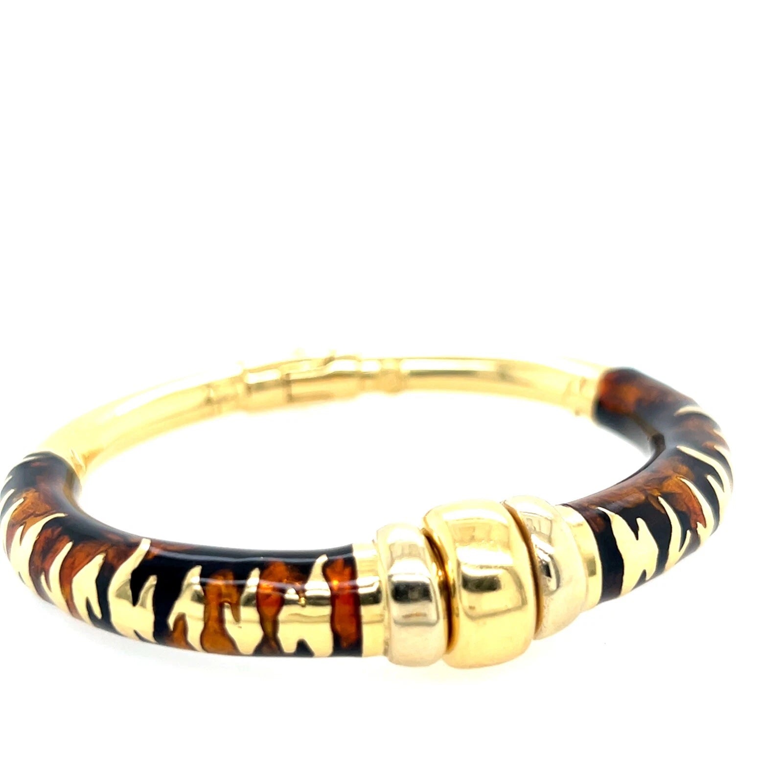 Modern Gold Enamel Inlay Tiger Stripe Pattern Italian Spring Hinged Bangle