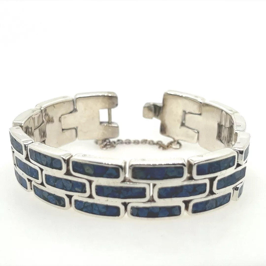 Vintage Taxco Inlayed Sodalite 925 Silver Bracelet 59 grams Made in Mexico