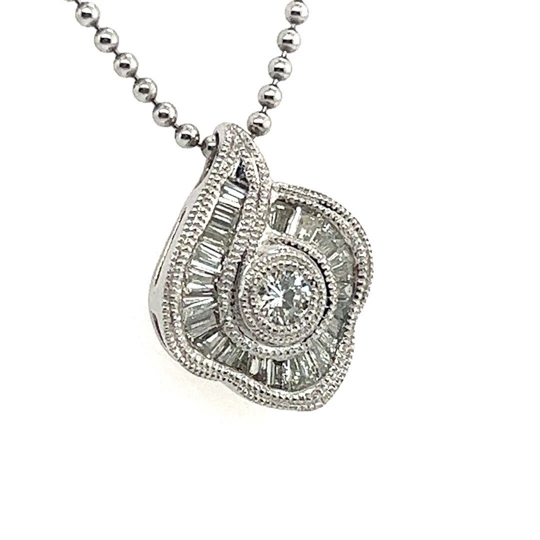 Modern Platinum 0.75 Carat Natural Round & Baguette Diamond Pendant Necklace