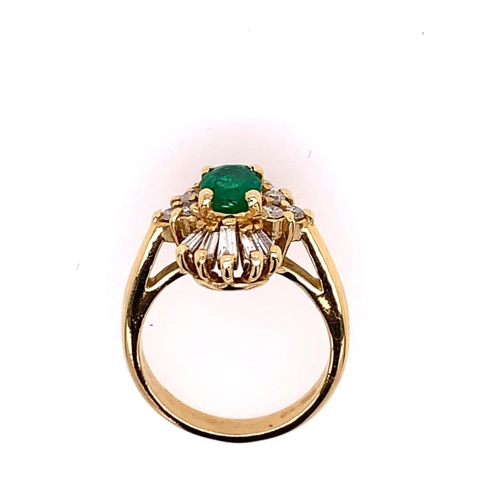 1.30 Carat Retro Gold Ring Natural Oval Green Emerald Gemstone & Diamond 1980
