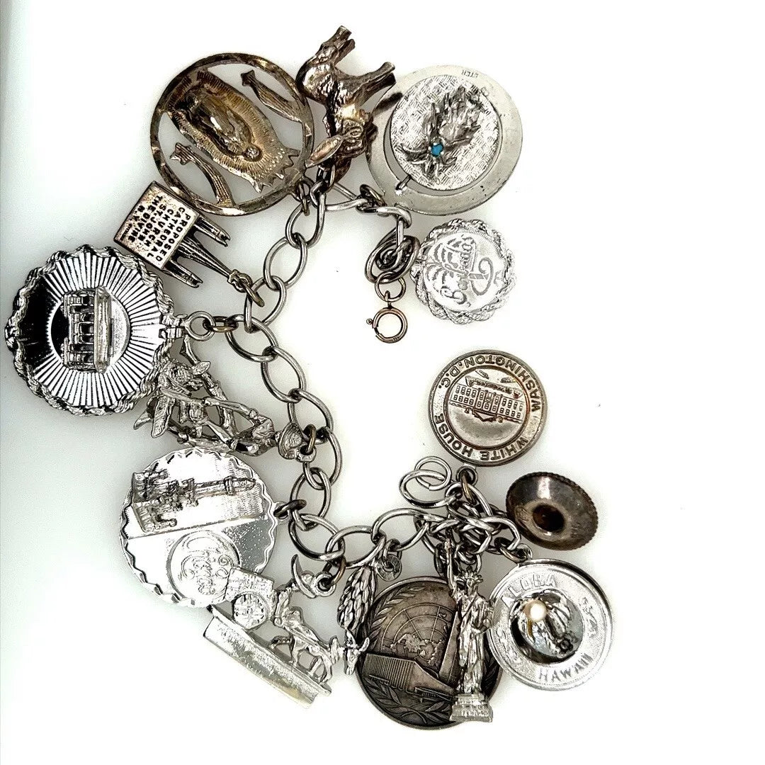 Estate Silver 925 Charm Bracelet 70 Grams with White House to Holy Mary Themes