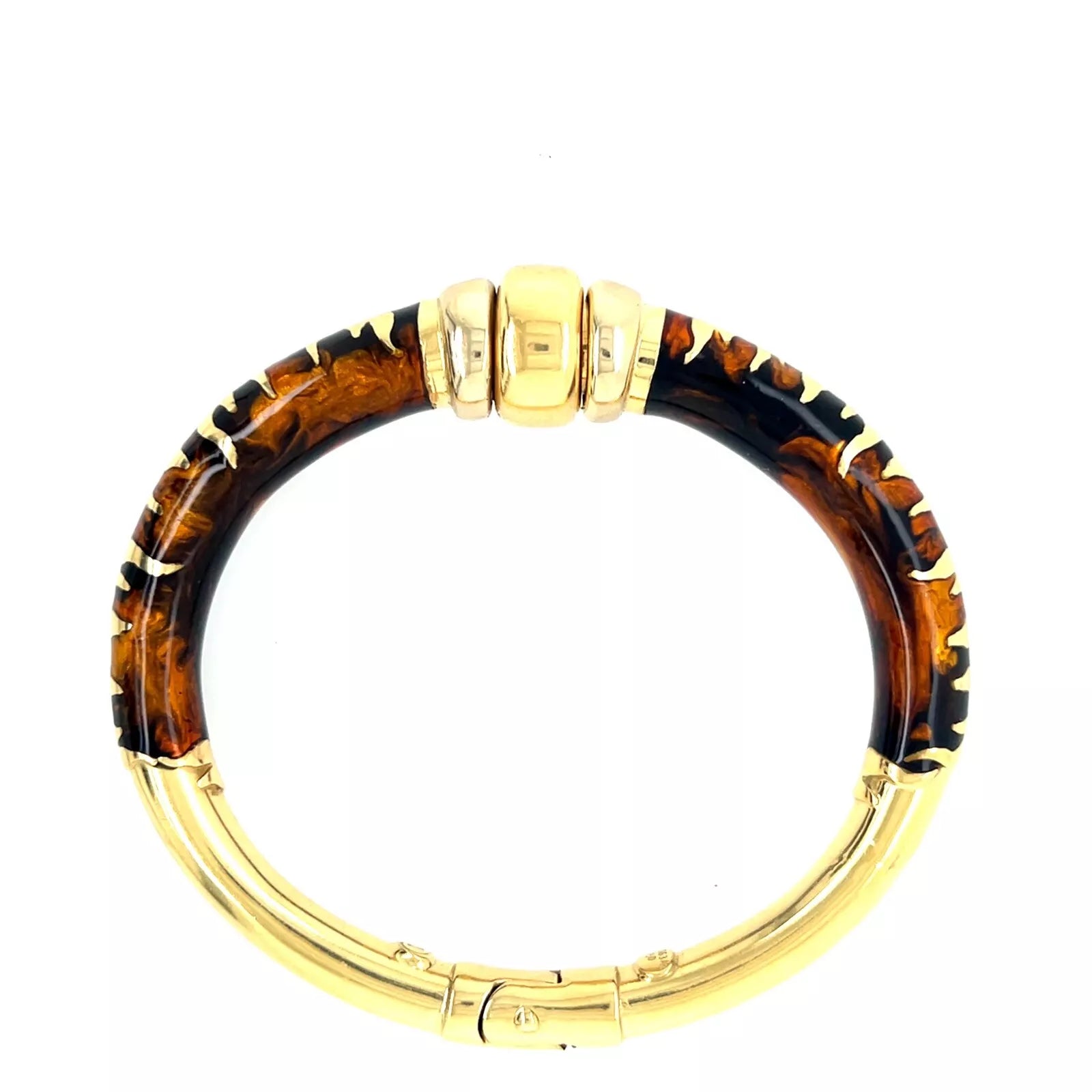 Modern Gold Enamel Inlay Tiger Stripe Pattern Italian Spring Hinged Bangle