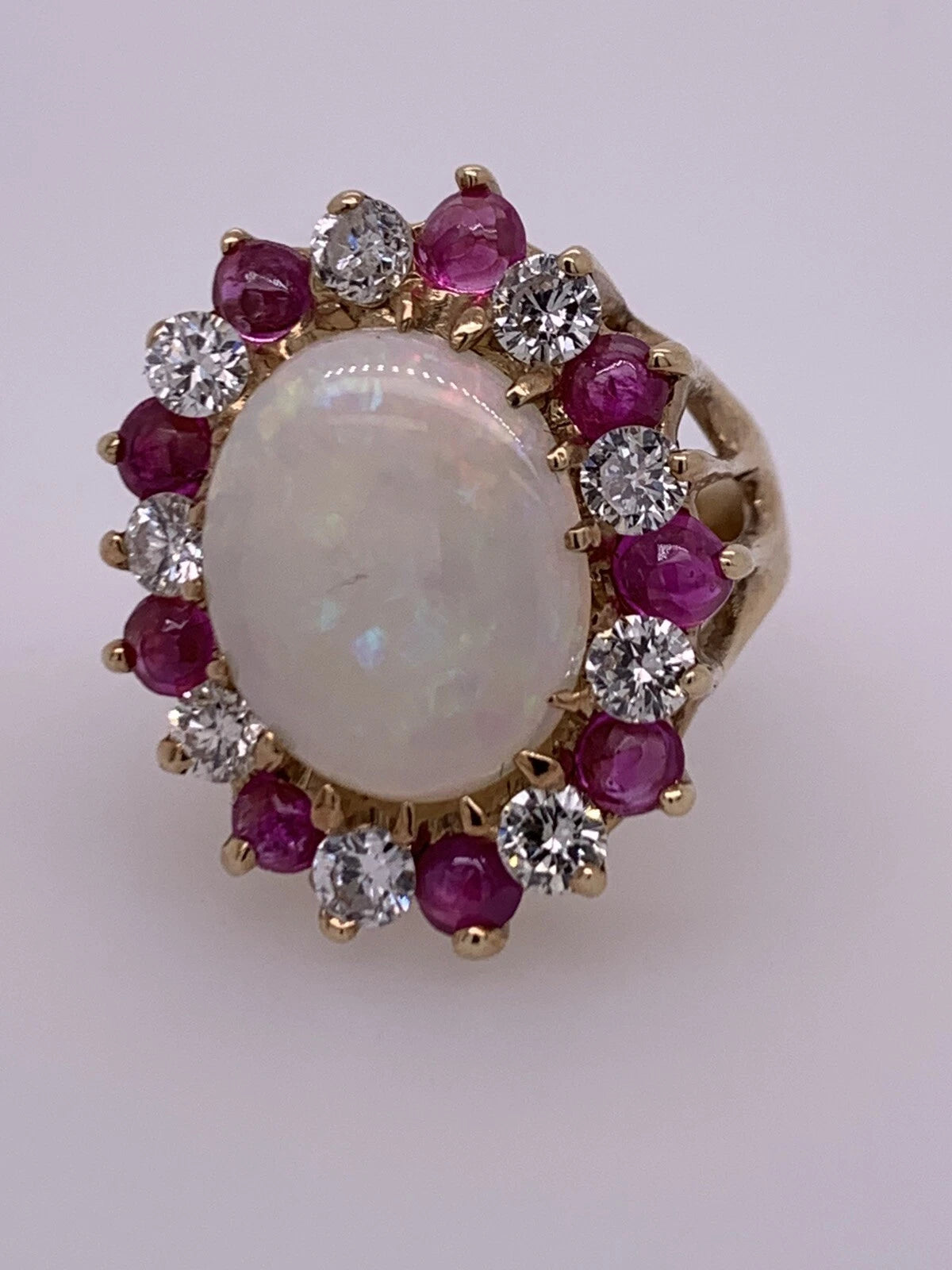 Retro Gold Ring Approx 6.22 Carat Natural Opal Diamond Ruby Gem Stone Circa 1960