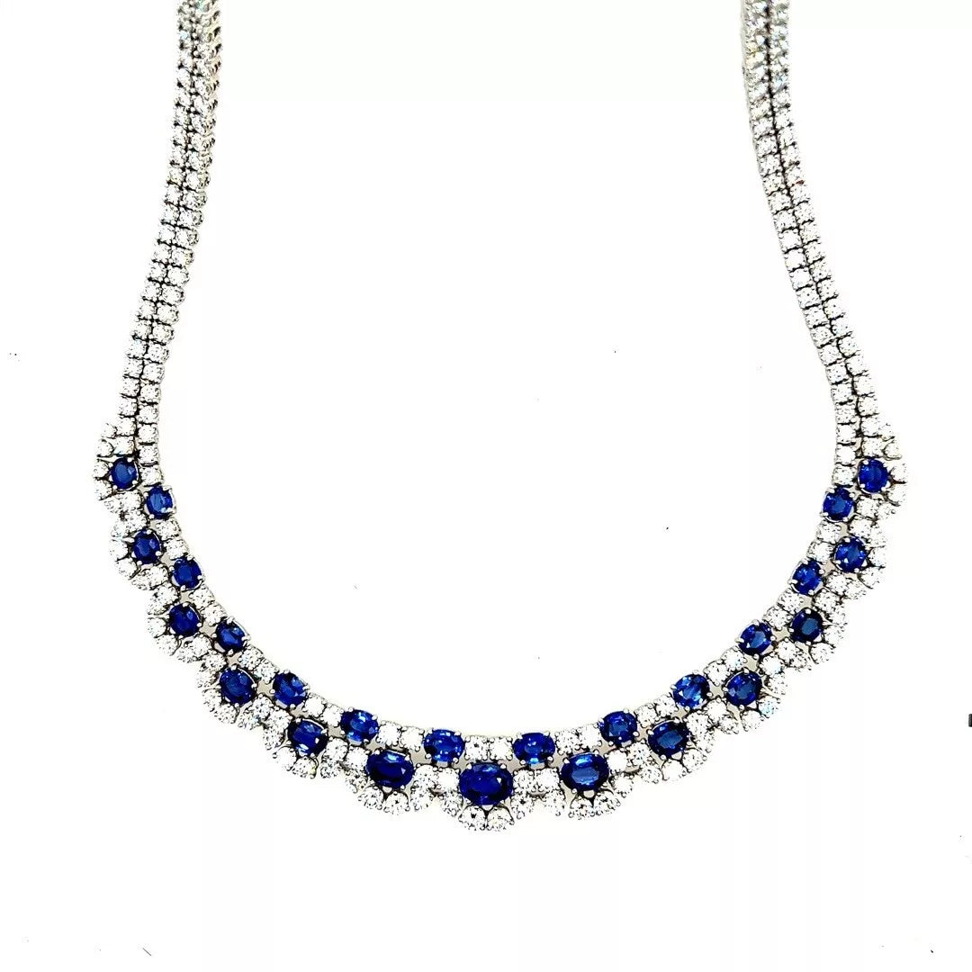 Modern Gold 37 Carat Natural Colorless Diamond & Blue Sapphire Italian Necklace