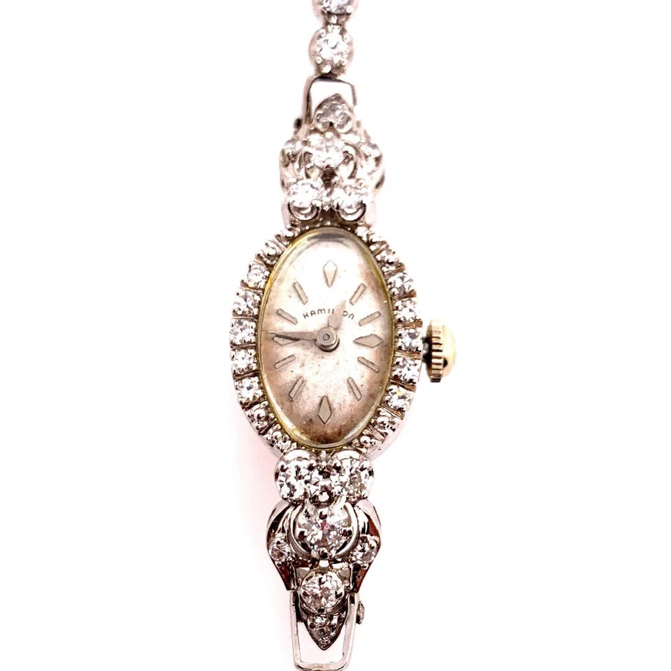 Ladies White Gold Hamilton 2 Carat Natural F Color Diamond Manual Cocktail Watch