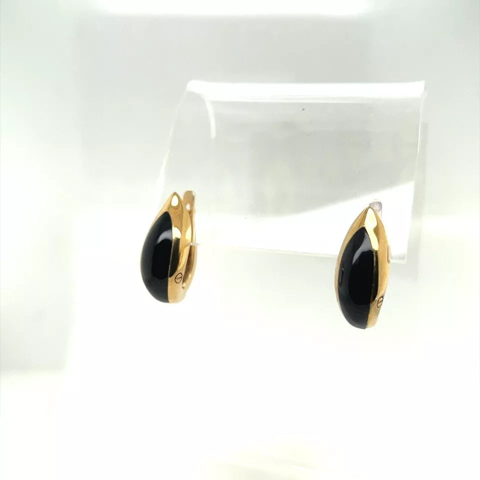 Retro Gold Black Onyx Ladies Huggie Earrings Circa 1960