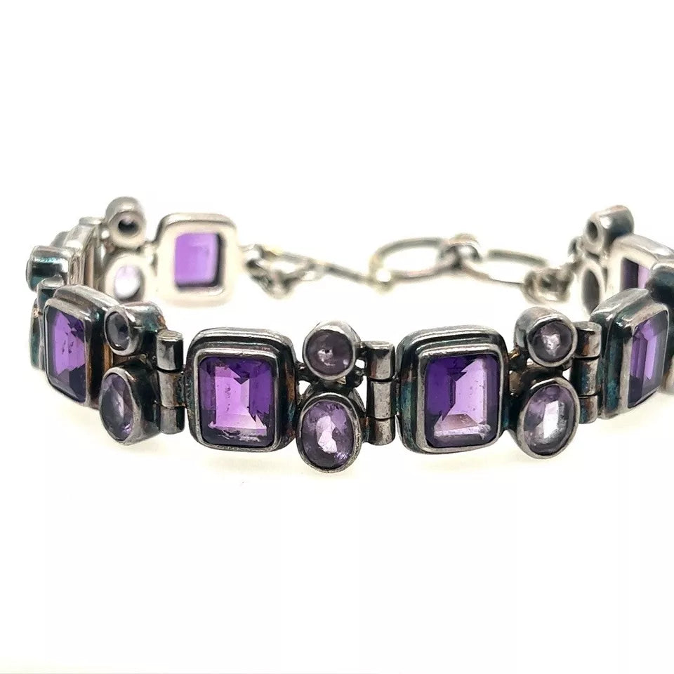 Retro Silver 925 Purple Oval & Emerald Cut Natural Amethyst Bracelet Circa 1960