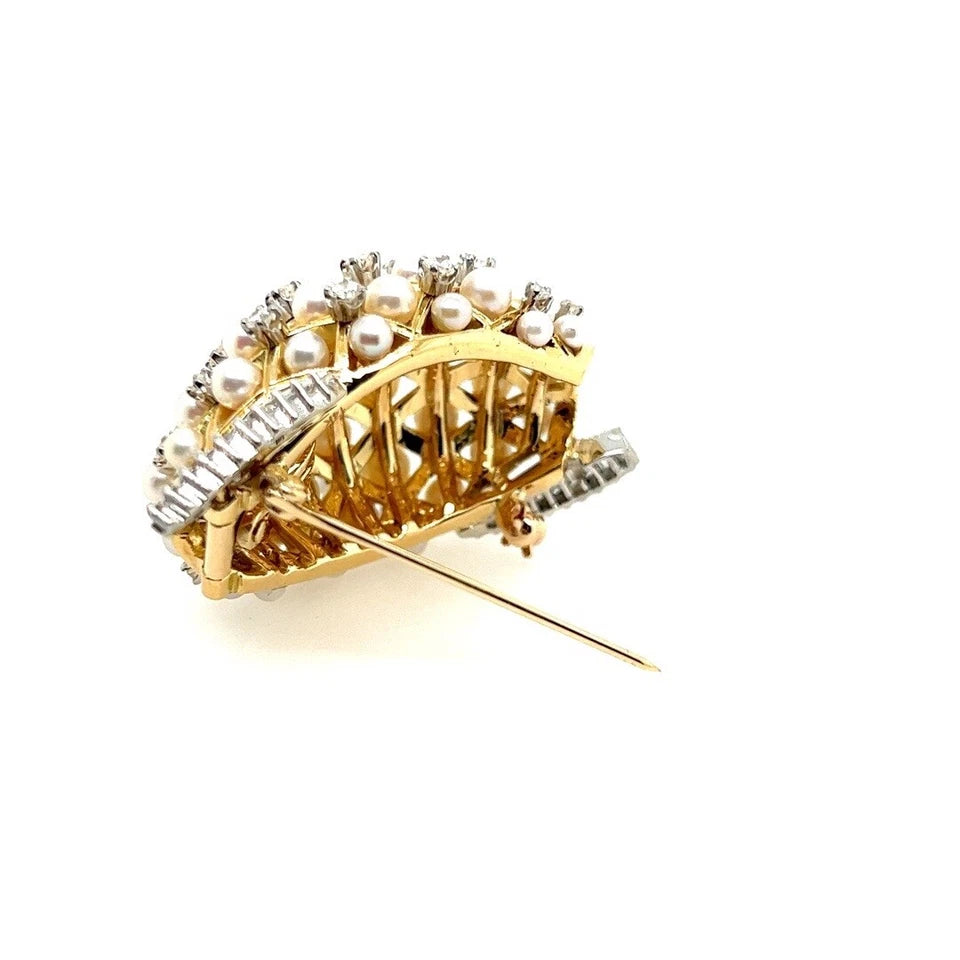Retro Gold 2.2 Carat Natural Colorless Diamond & Pearl Pendant Brooch Circa 1960