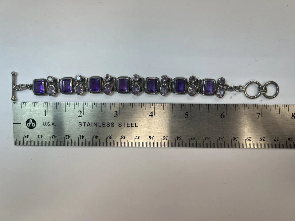 Retro Silver 925 Purple Oval & Emerald Cut Natural Amethyst Bracelet Circa 1960