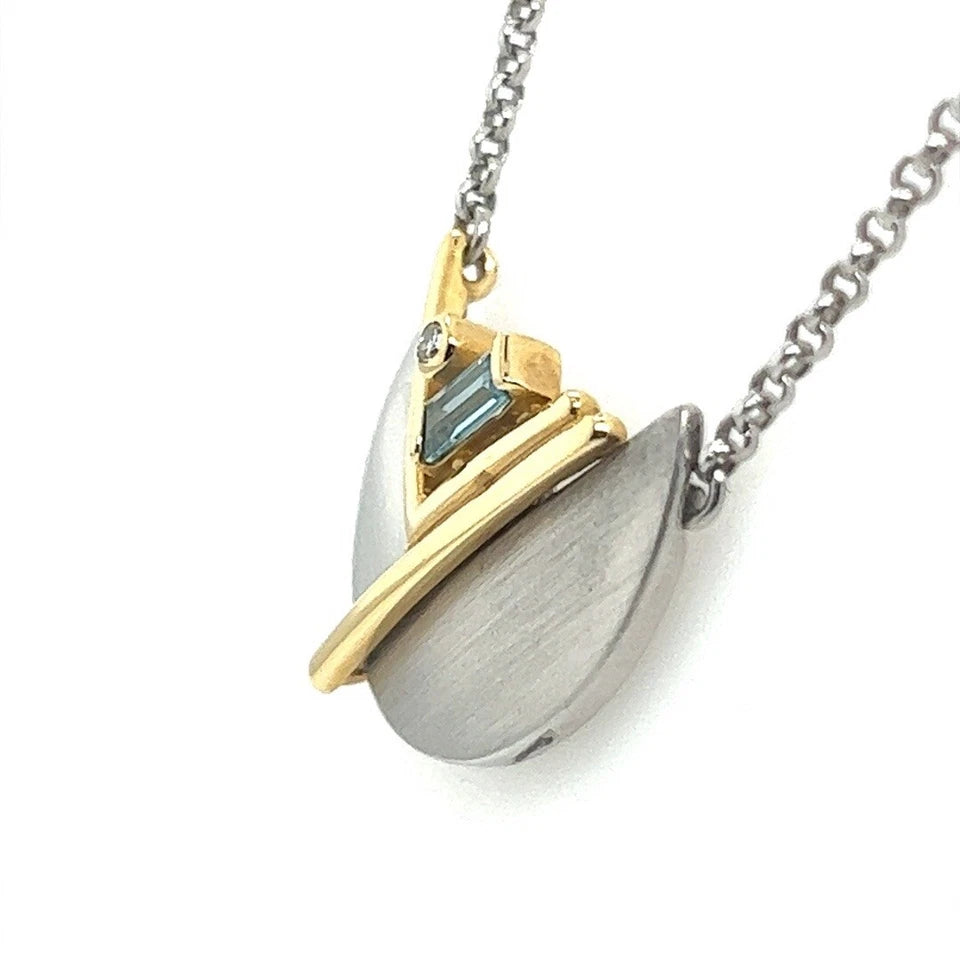 Art Deco Two Tone Gold Natural Diamond & Blue Topaz  Pendant Necklace Circa 1960