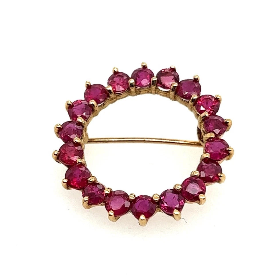 Retro Gold 4 Carat Natural Red Ruby Gemstone Circular Brooche Pin, Circa 1970
