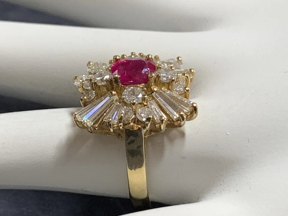 Retro Gold Cocktail Ring 4.5 Carat Natural Ruby & Baguette Diamond Circa 1960