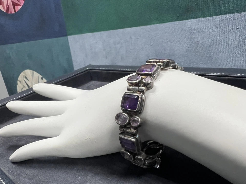 Retro Silver 925 Purple Oval & Emerald Cut Natural Amethyst Bracelet Circa 1960