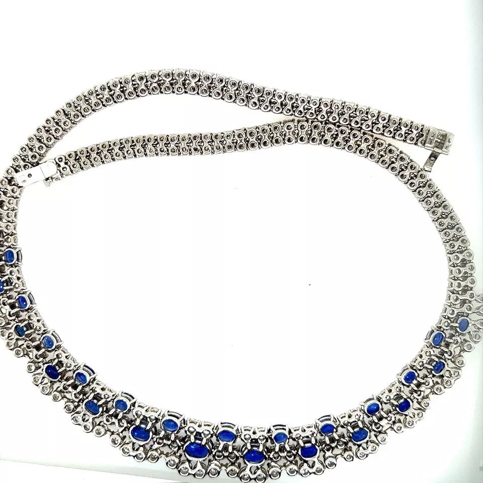 Modern Gold 37 Carat Natural Colorless Diamond & Blue Sapphire Italian Necklace