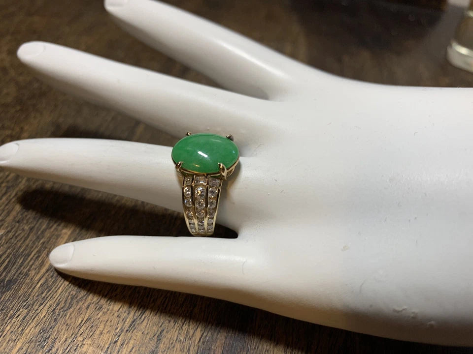 GIA Certified 3.47 Carat Natural Jadeite "A" Jade & Diamond Gold Ring Circa 1950