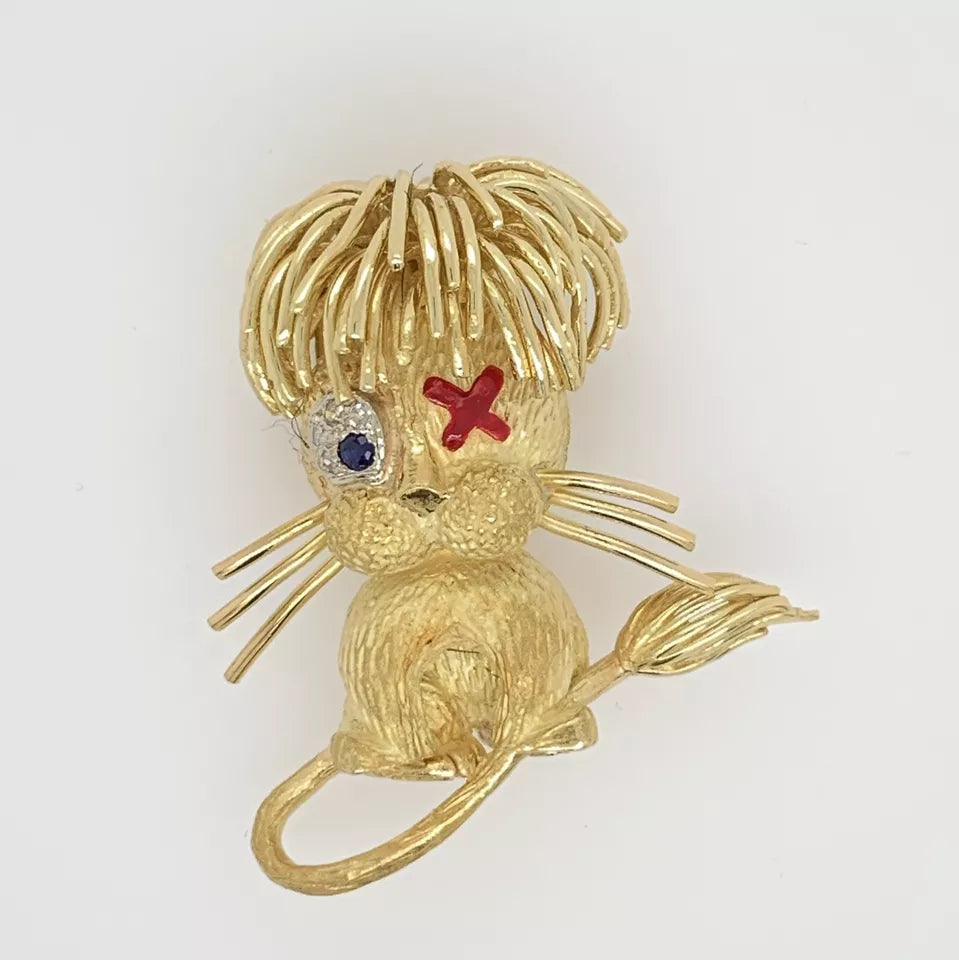 Vintage 1950's Retro Brooch Pin 18k Gold CAT Diamond Sapphire Estate Red Enamel
