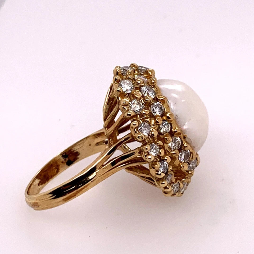 Retro Gold Cocktail Ring 1.85 Carat Natural Colorless Diamond & Pearl Circa 1950