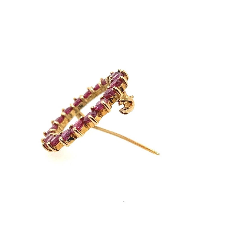 Retro Gold 4 Carat Natural Red Ruby Gemstone Circular Brooche Pin, Circa 1970