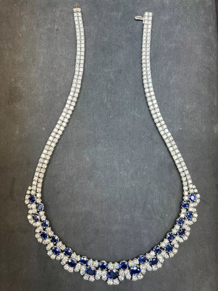 Modern Gold 37 Carat Natural Colorless Diamond & Blue Sapphire Italian Necklace