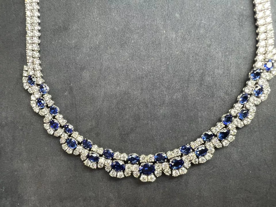 Modern Gold 37 Carat Natural Colorless Diamond & Blue Sapphire Italian Necklace