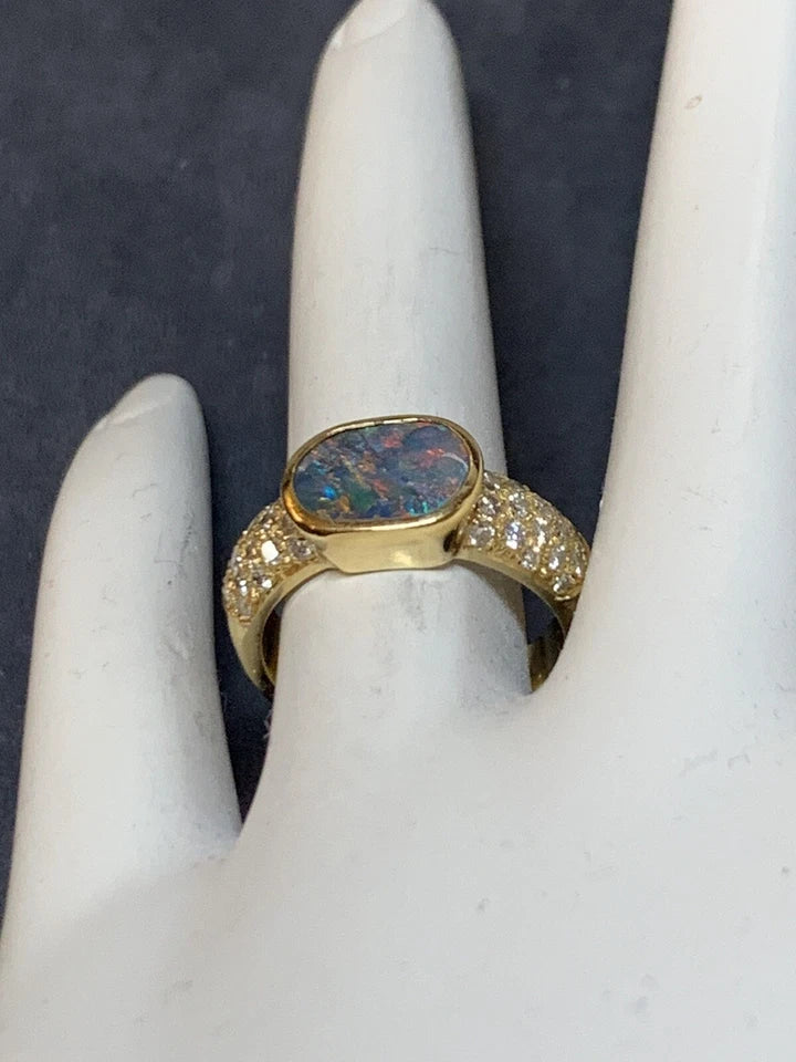 Retro Gold Natural 0.85 Carat Round Diamond and Opal Cocktail Ring Circa 1960