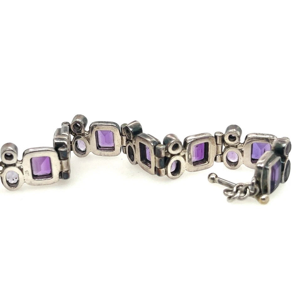 Retro Silver 925 Purple Oval & Emerald Cut Natural Amethyst Bracelet Circa 1960