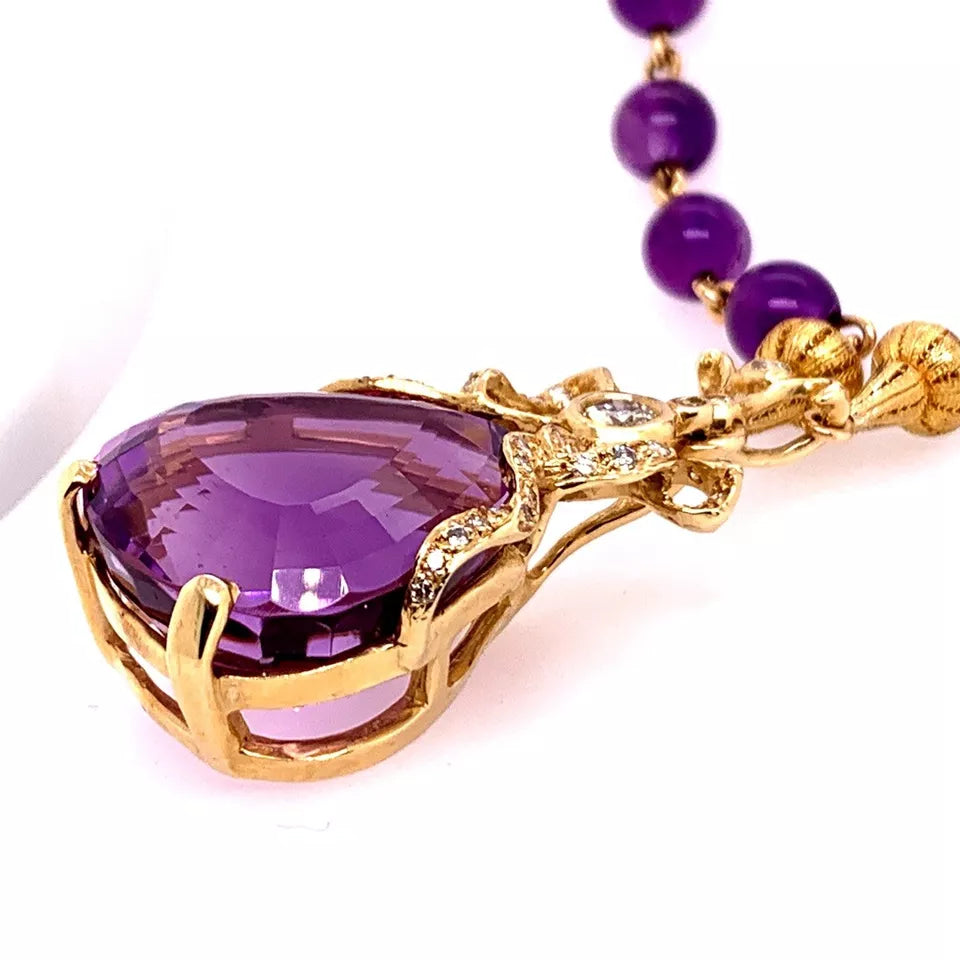 Retro Gold 35 Carat Natural Amethyst & Diamond Pendant Necklace Circa 1960