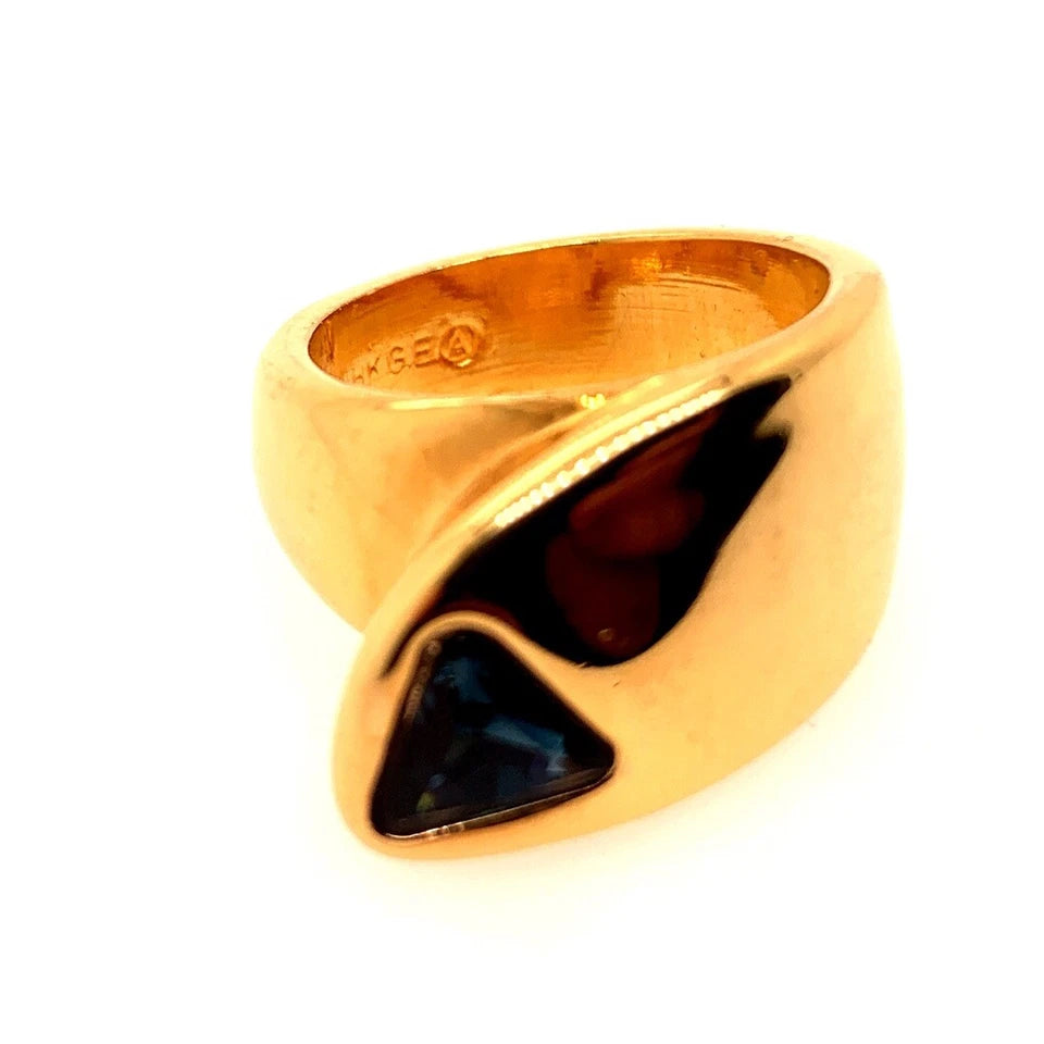 Retro Gold Ring 1 Carat Natural Deep Blue Sapphire Trillion Gem Stone Circa 1960