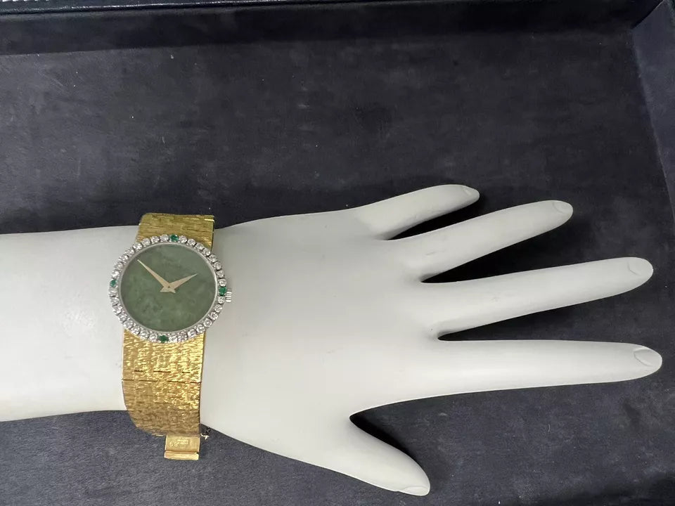 Retro Gold Piaget Depose Natural Diamond Bezel and Rare Jade Dial Circa 1970