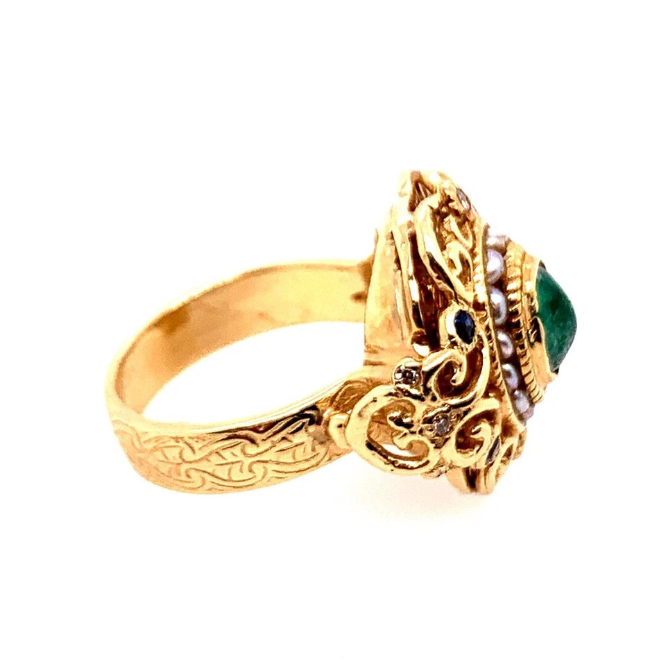 Retro Gold Cocktail Ring 2 Carat Natural Emerald Cab,Sapphire,Diamond Circa 1950