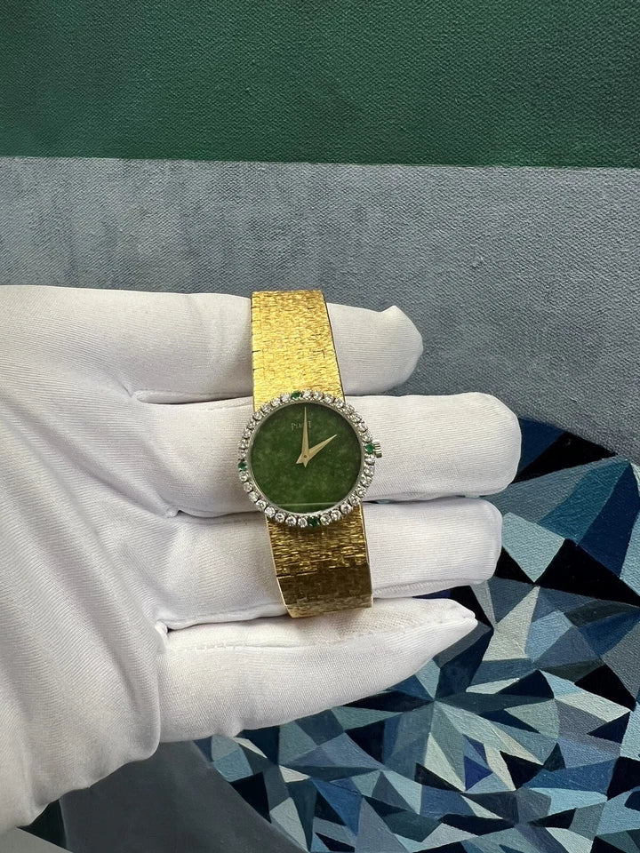 Retro Gold Piaget Depose Natural Diamond Bezel and Rare Jade Dial Circa 1970