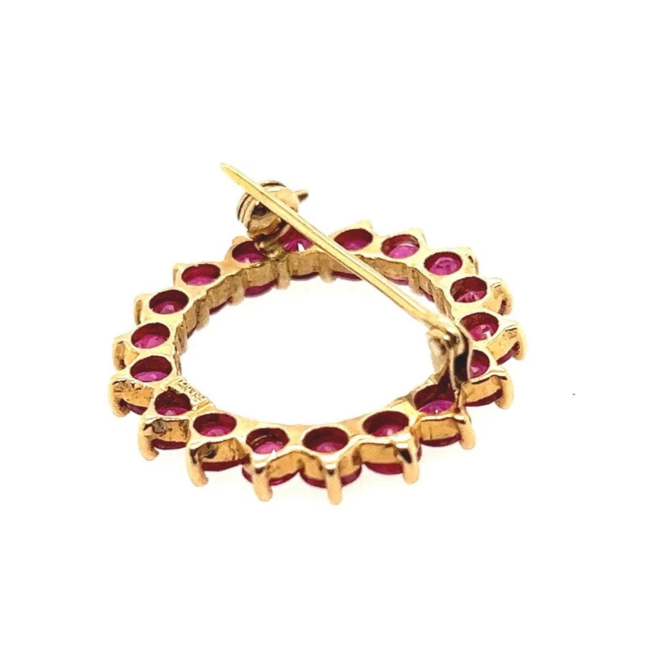 Retro Gold 4 Carat Natural Red Ruby Gemstone Circular Brooche Pin, Circa 1970