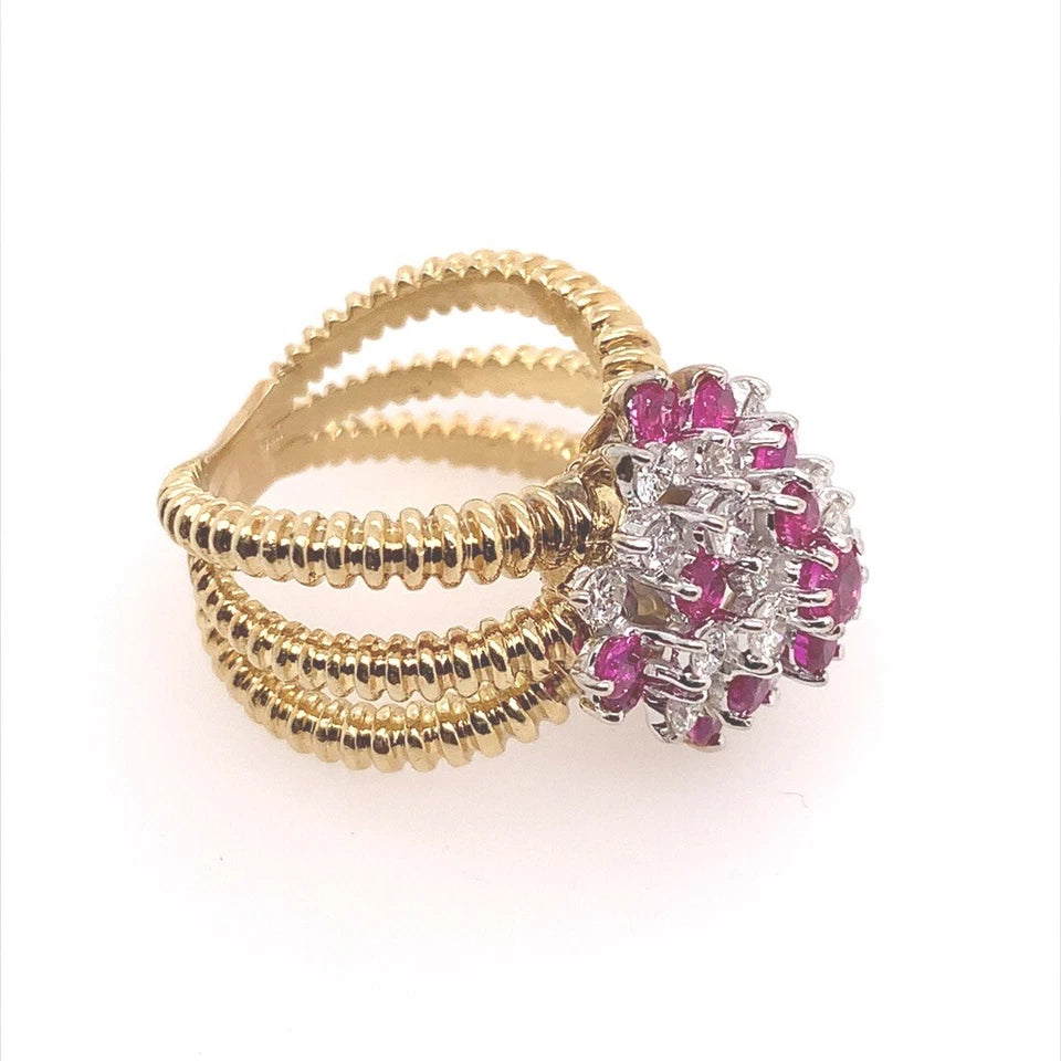 Retro Gold 2 Carat Natural Ruby Gem & Colorless Diamond Cocktail Ring Circa 1960
