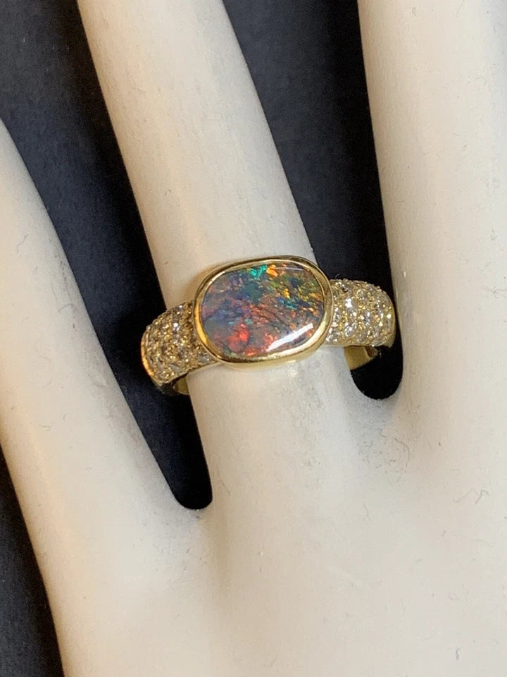 Retro Gold Natural 0.85 Carat Round Diamond and Opal Cocktail Ring Circa 1960