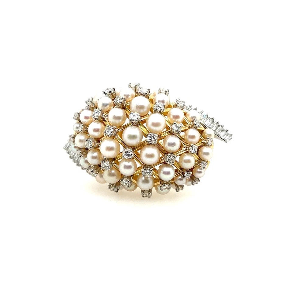 Retro Gold 2.2 Carat Natural Colorless Diamond & Pearl Pendant Brooch Circa 1960