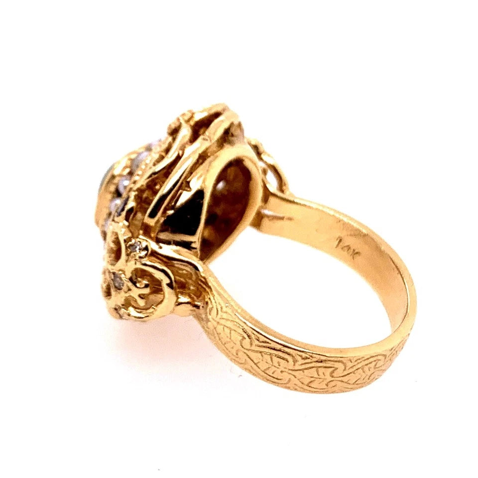 Retro Gold Cocktail Ring 2 Carat Natural Emerald Cab,Sapphire,Diamond Circa 1950