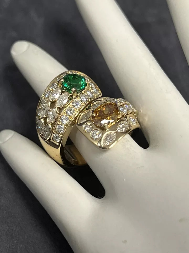 Retro Gold GIA Certified 7.4 Carat Natural Emerald & Diamond Cocktail Ring 1960