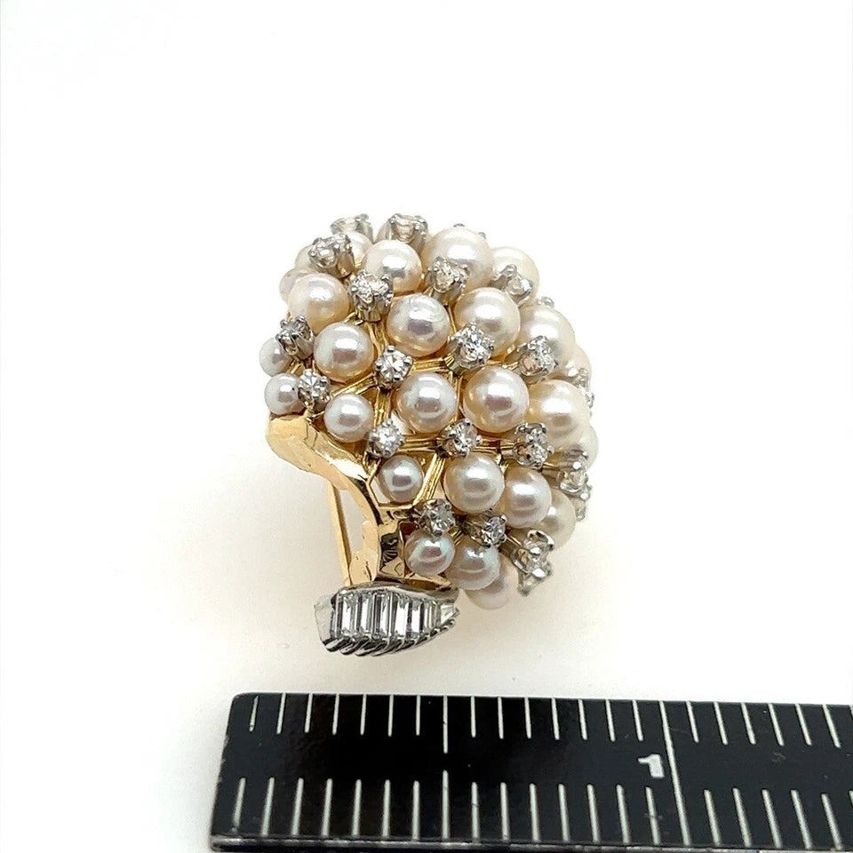 Retro Gold 2.2 Carat Natural Colorless Diamond & Pearl Pendant Brooch Circa 1960