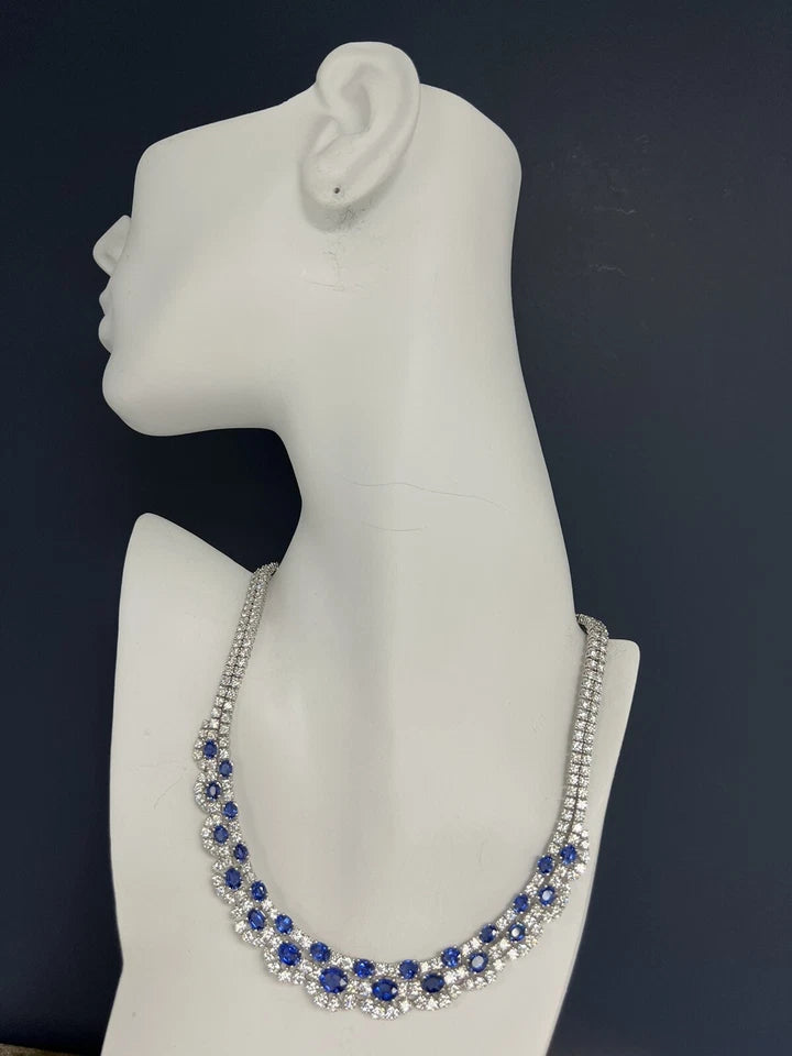Modern Gold 37 Carat Natural Colorless Diamond & Blue Sapphire Italian Necklace