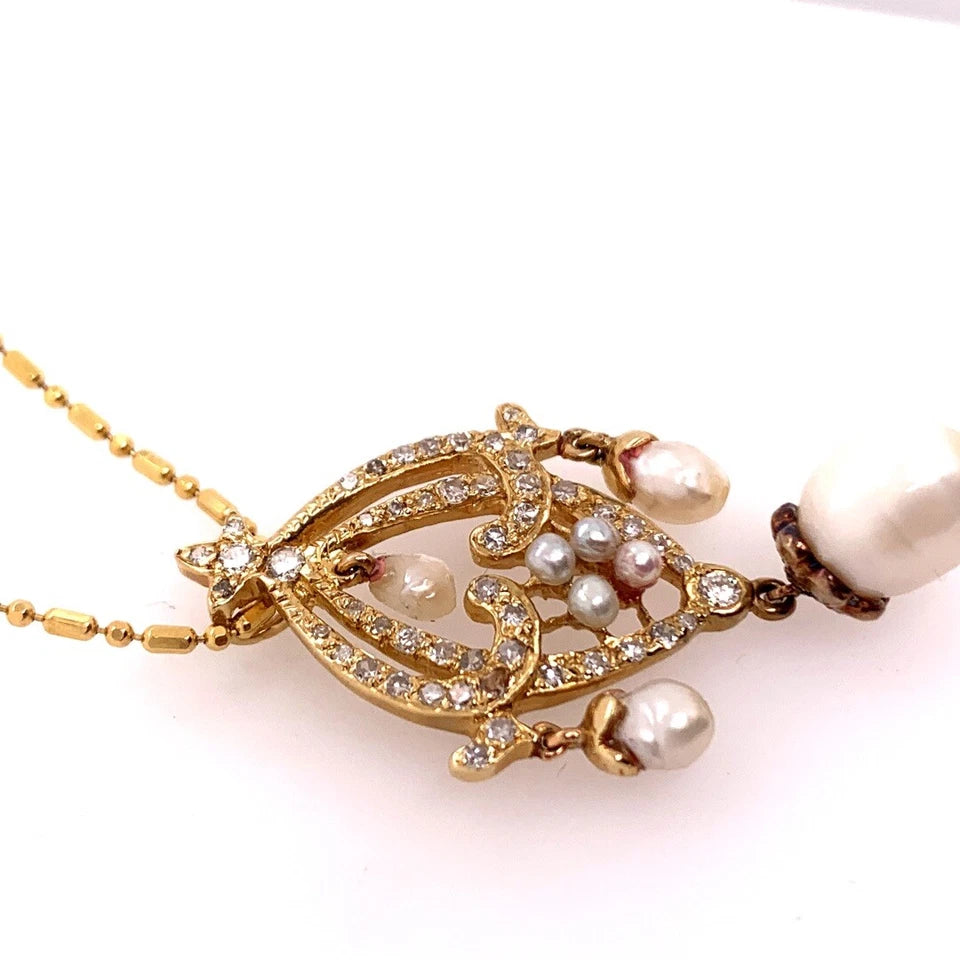 Retro Gold Pendant 0.70 Carat Natural Round Diamond & Pearl Circa 1950