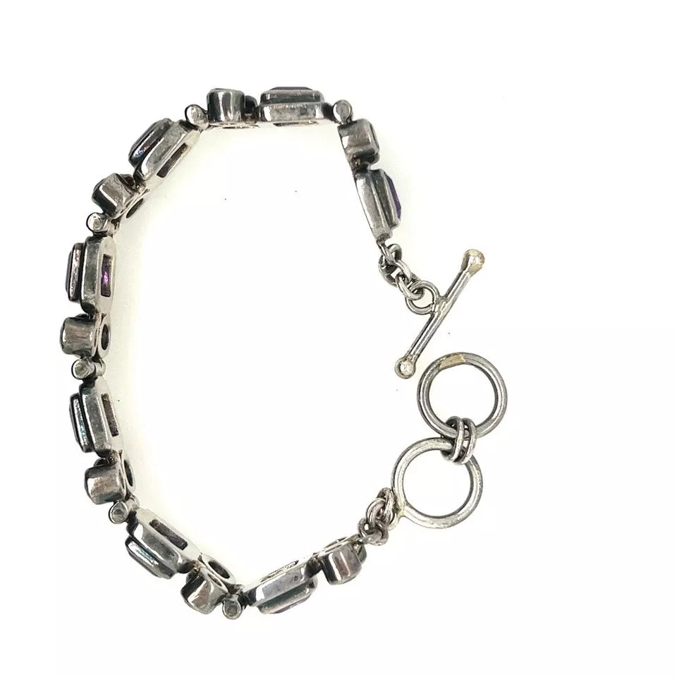 Retro Silver 925 Purple Oval & Emerald Cut Natural Amethyst Bracelet Circa 1960