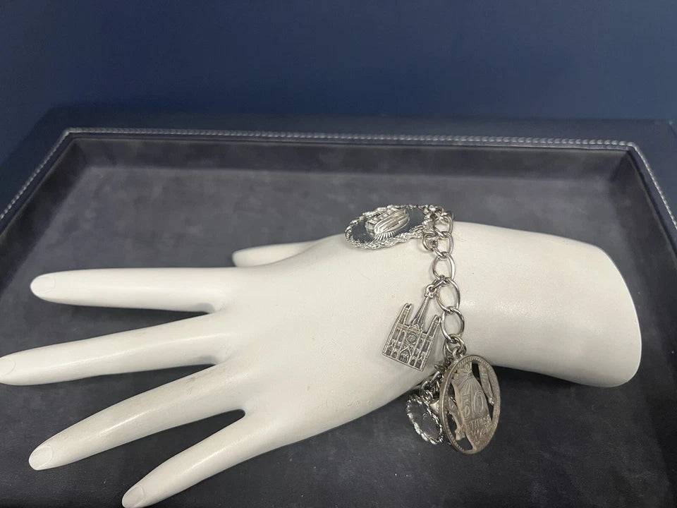 Estate Silver 925 Charm Bracelet 70 Grams with White House to Holy Mary Themes